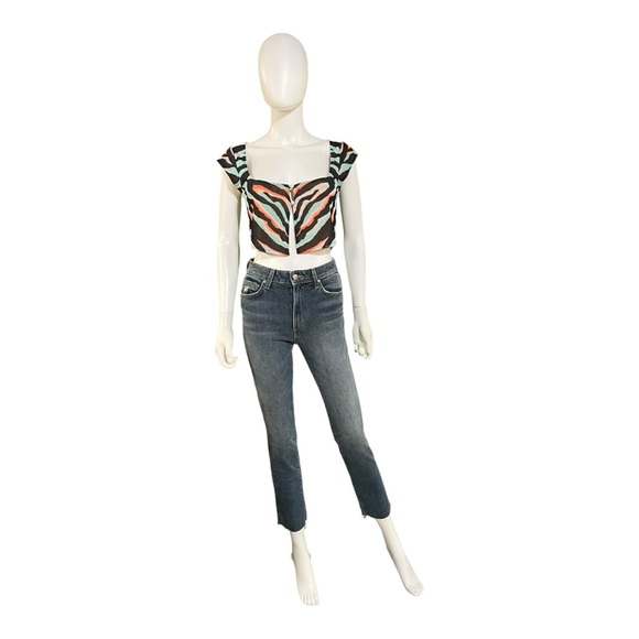 AFRM Teal Zebra Placement Nylah Two Button Cap Sleeve Crop Top, M - Picture 3 of 9